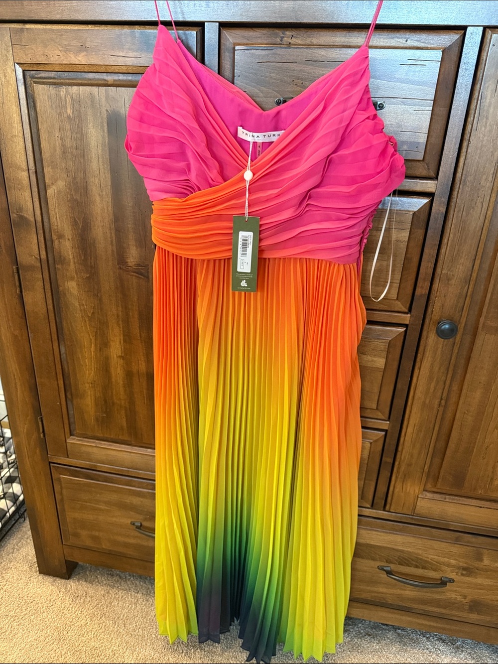 Trina Turk Pink to Yellow Ombre Pleated Midi Dress with Orange Accent